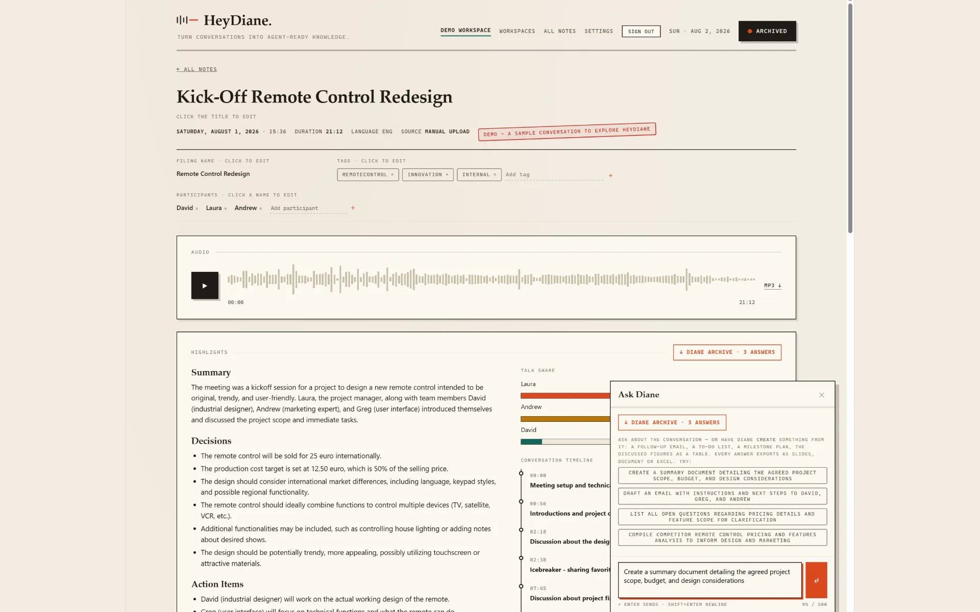 Ask Diane chatbox open over a note, with suggested tasks from the conversation