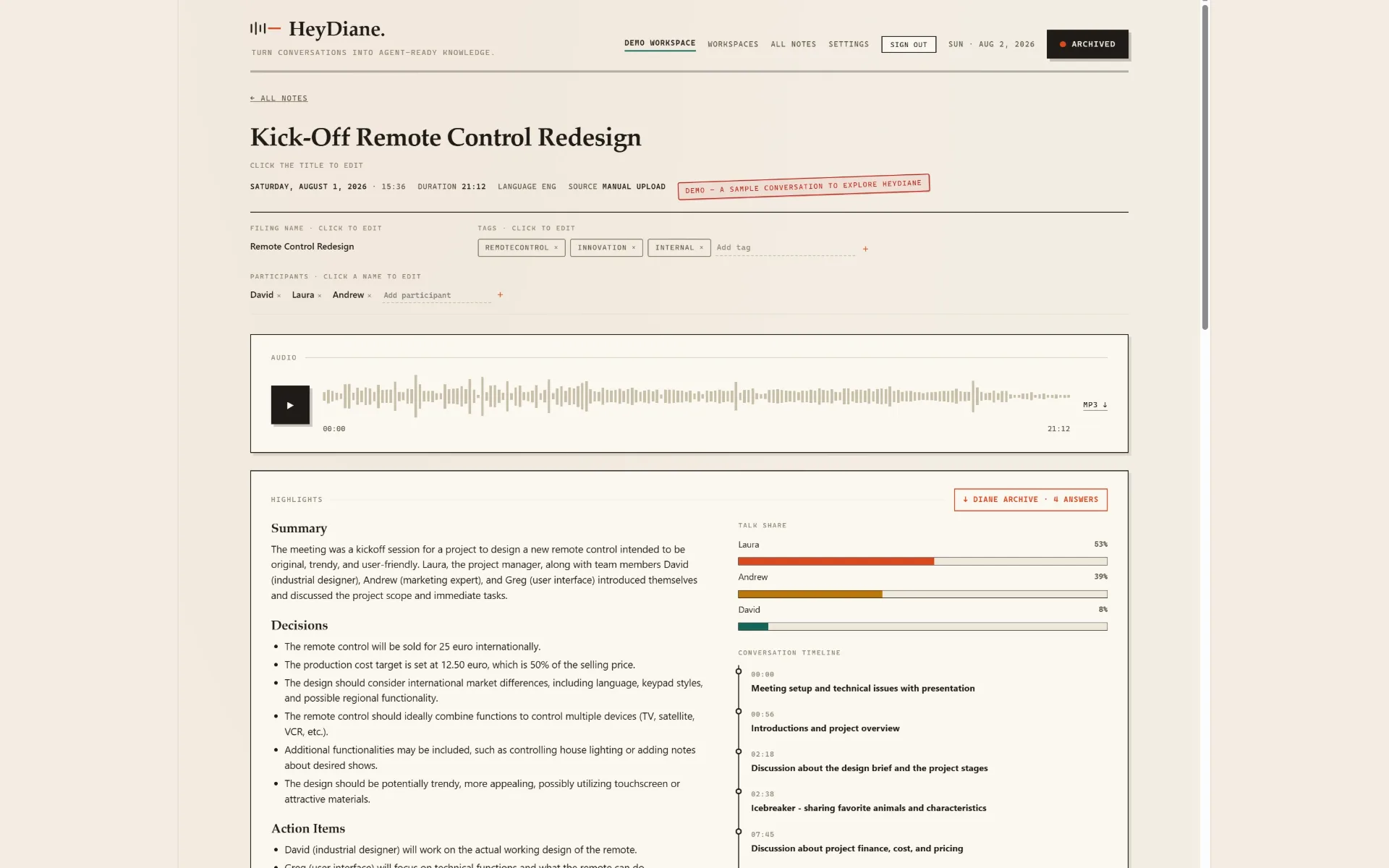 HeyDiane note with summary, decisions, action items, Talk Share and conversation timeline